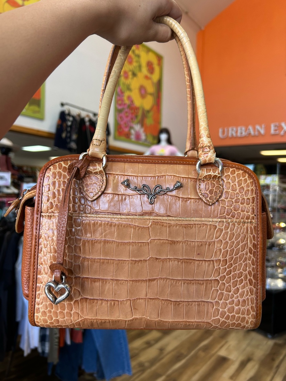 Vintage Brighton Alligator Print Embossed Brown Leather Bag